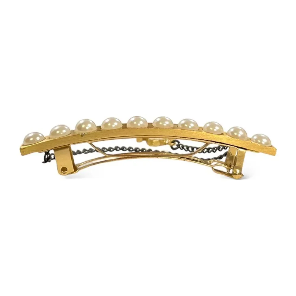 CHANEL Gold-Tone Vintage CC Logo & Faux Pearl French Snap Clip Barrette